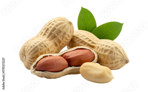 A cluster of raw peanuts with green leaves and one open pod revealing the nuts against a dark background
