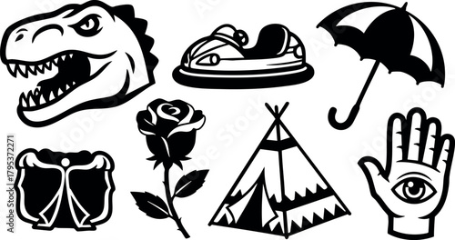 Dinosaur head shoe umbrella ribcage rose tent hand with eye vector icons collection