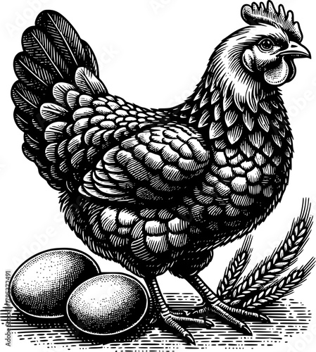 chicken walking on grass, eggs, vector art illustration style engraving, farm, hen, fowl
