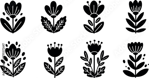 Black silhouette floral icons set with various stylized flowers and leaves vector collection for design and decoration