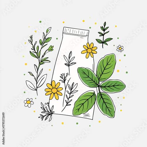 a herbal digestive tea bag with small botanical elements like mint and chamomile.