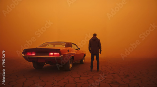 Man and a classic muscle car on dry cracked earth in an orange dystopian landscape