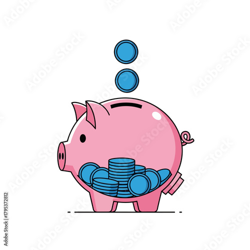 Pink piggy bank receiving blue coins in a financial savings concept, symbolizing growth and investment for a secure future, presented in a clean and modern style.