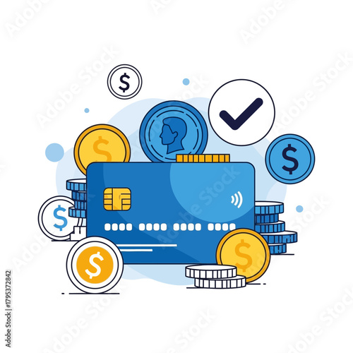 Credit card surrounded by coins and checkmark represents financial success and secure transactions in modern banking system.