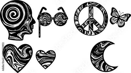 Abstract black and white psychedelic icons including head, glasses, peace sign, butterfly, hearts, and crescent moon vector design