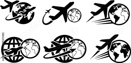 Airplane flying around globe icons set for travel and international flight vector design