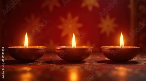 Three traditional brass diya lamps burning during the Hindu festival of Diwali
