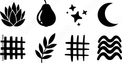 Abstract black nature symbols including lotus pear moon and waves in vector style for design use