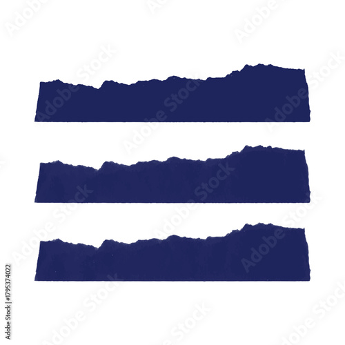 Three dark blue torn paper strips isolated on white background