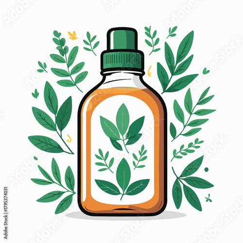 Flat vector of a cough syrup bottle with herbal leaf imagery, organic healing theme.