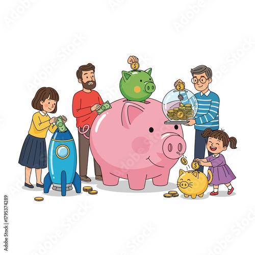Family saves money by putting coins into piggy banks and a rocket ship in a bright and cheerful scene, representing financial planning and future investments.