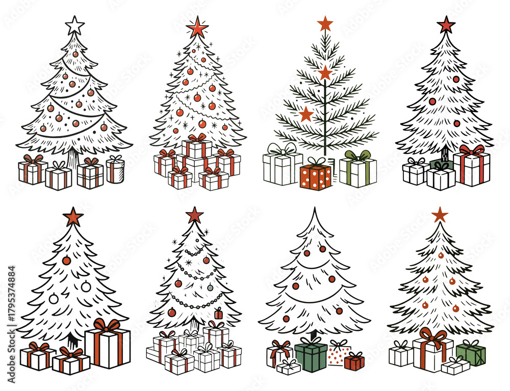 Fototapeta premium PNG Festive illustrated Christmas trees, element set on transparent background