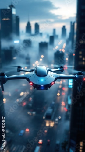 Futuristic surveillance drone with blue LED lights flying over a dense, foggy metropolis at night