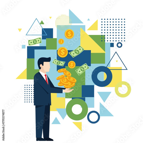Businessman holding pile of golden coins amidst geometric shapes representing financial growth and success in modern business world.