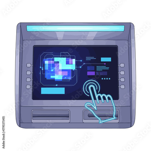 Hand interacts with atm interface displaying complex data and options, showcasing modern banking technology and convenience in a futuristic style.