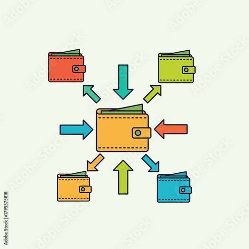 Wallets exchanging money with central wallet, symbolizing financial transactions and money transfers in a modern, clean and simple style.
