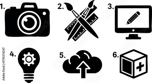 Creative design tools camera paintbrushes computer monitor lightbulb cloud upload and cube icons vector collection