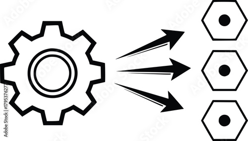 Black and White Vector Icon of Gear with Arrows Pointing to Hexagonal Nodes Representing System Flow and Distribution
