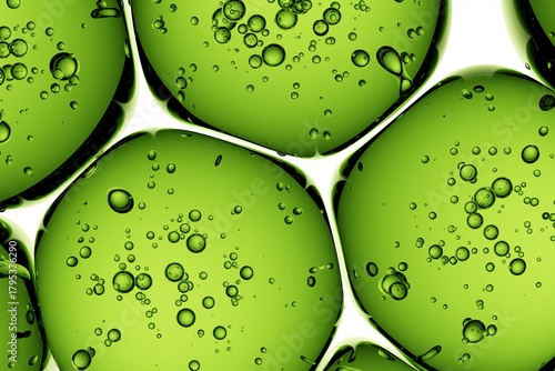 Macro view of green gel spheres enriched with microbubbles, designed for eco-tech ads, science branding, and future-forward digital compositions