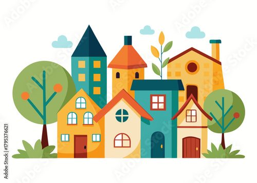 Town illustration with houses and trees