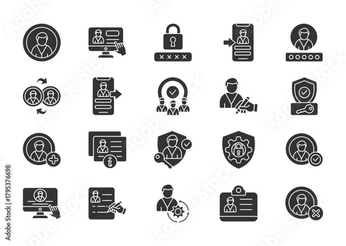 User account thin glyph icon set. Containing user, account, password, login, username, connect, logout, users, edit profil, authentication. Vector illustration