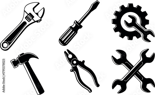 Hand tools set with wrench hammer screwdriver pliers and gear icon for repair and maintenance vector illustration