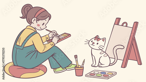 D Girl Painting Cat in Pastel Colors for Art Project Vector