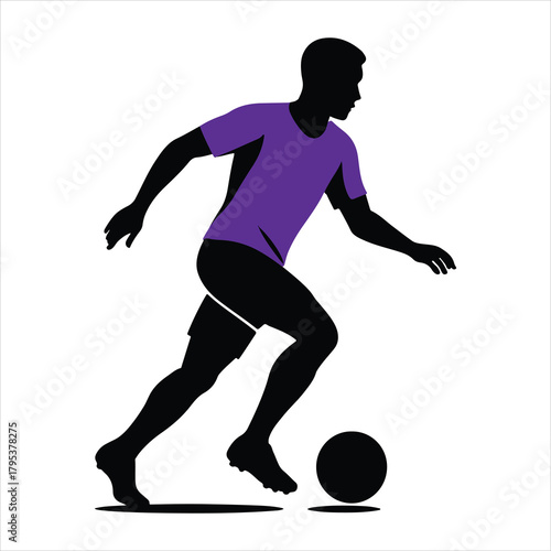 Soccer player silhouette dribbling ball with purple jersey on white Vector, illustration