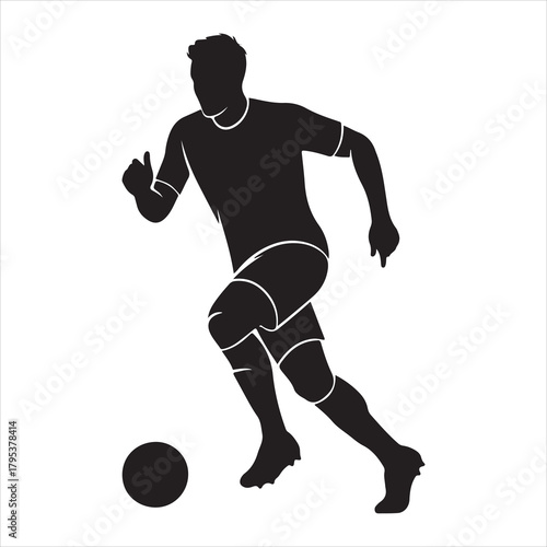 Soccer player silhouette in action, dribbling with a ball, dynamic pose Vector, illustration