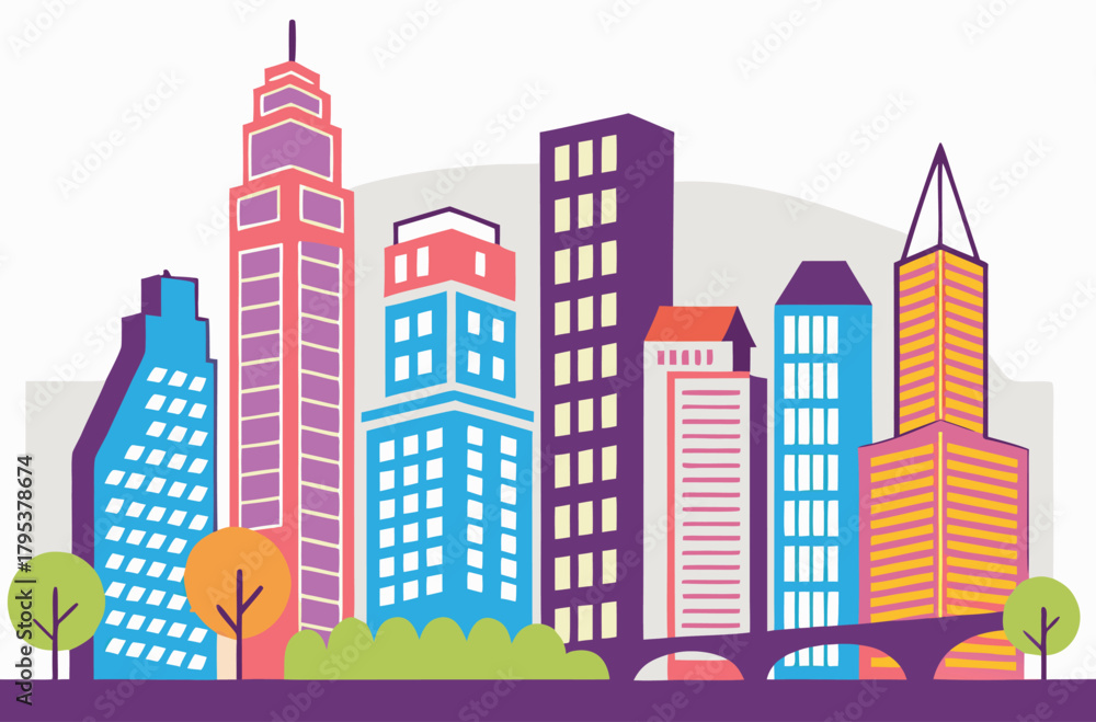 Fototapeta premium Colorful cityscape skyline with trees and bridge