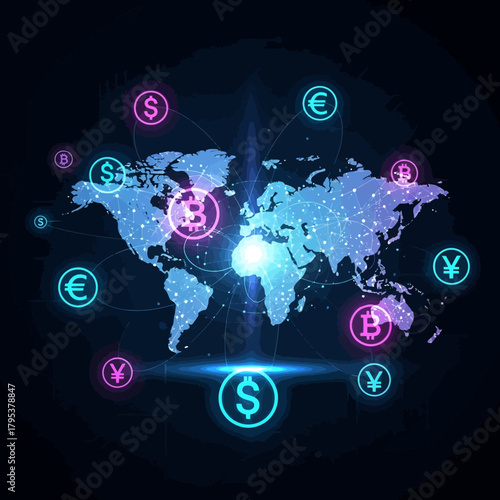 World map displaying various cryptocurrency symbols connected by glowing lines, representing global digital finance and modern technology.