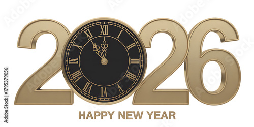 Golden 2026 numbers with a vintage clock face replacing the zero celebrating the new year