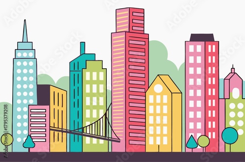 Colorful cityscape skyline with bridge and buildings