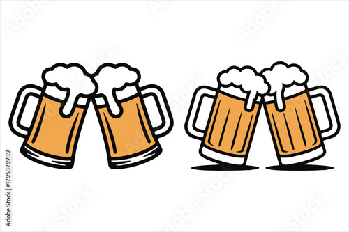 Two frothy beer mugs clinking together in a celebratory toast illustration Vector, illustration