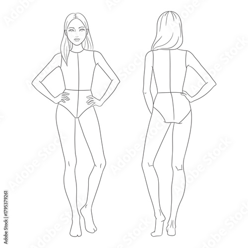 Children's fashion design template featuring girl body croquis in front and back views. Clean line art illustration perfect for kids clothing designers, children's fashion sketching,