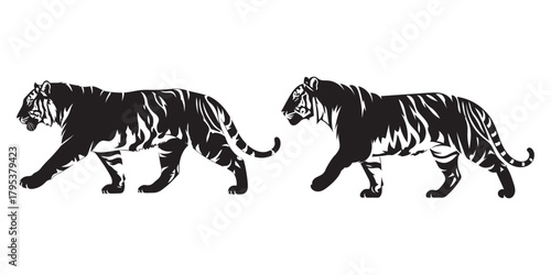 Two tigers walking side by side in silhouette, minimalist design. Vector, illustration