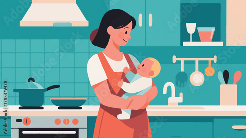 Illustration Of A Mother Cooking While Carrying Her Child Vector Design Template