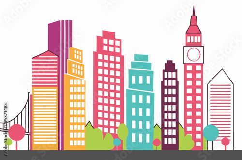 Colorful cityscape skyline with bridge and trees