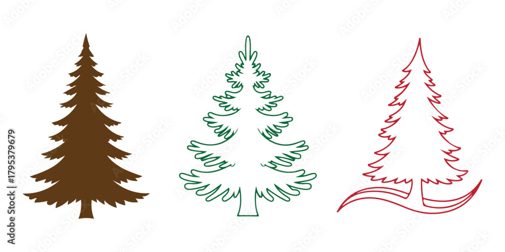 Fototapeta premium Three stylized evergreen trees: solid brown, green outline, red outline Vector, illustration