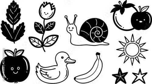 Cute hand-drawn vector of fruits, flowers, leaves, snail, duck, stars, and sun in black outline style for fun design projects