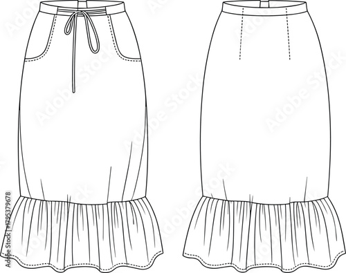 Women's Drawstring Midi Skirt Fashion Flat Sketch CAD Vector Template with Ruffle Hem and Front Pockets Technical Drawing
