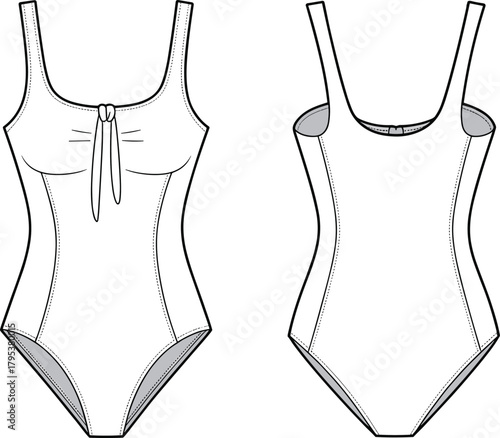 Women's One-Piece Swimsuit Fashion Flat Sketch CAD Vector Template with Square Neck and Front Tie Detail Technical Drawing