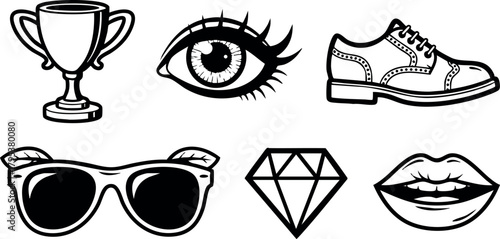 Trophy eye shoe sunglasses diamond lips icon set with detailed line art style vector illustration