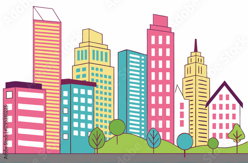 Colorful cityscape with trees and buildings