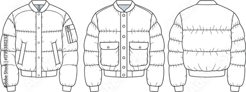 Unisex Puffer Bomber Jacket with Quilted Design and Sleeve Pocket Fashion Flat Sketch CAD Vector Template Technical Illustration