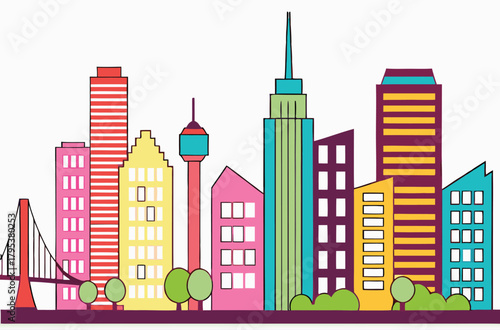 Colorful cityscape skyline with bridge and trees