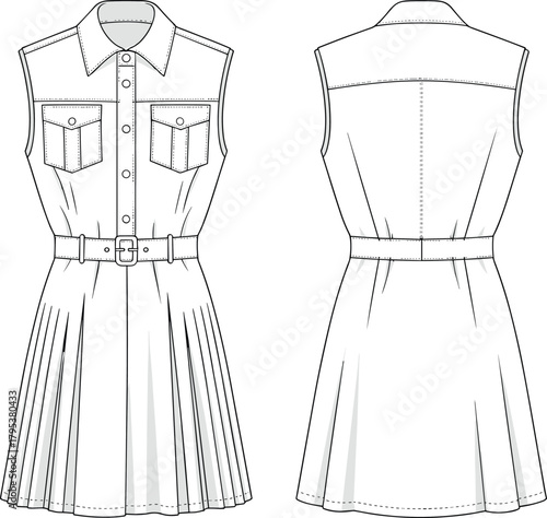 Women's Sleeveless Utility Shirtdress with Flap Pockets, Belt, and Fully Pleated Skirt CAD Vector Technical Drawing