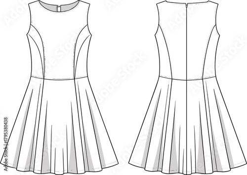 Women's Sleeveless Fit and Flare Dress with Full Circular Skirt and Princess Seams Technical CAD Vector Drawing Template