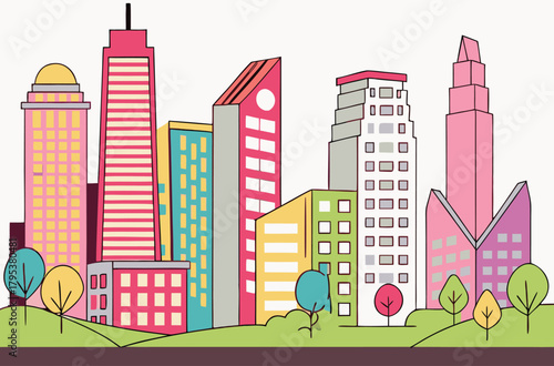 Colorful cityscape skyline with trees and green landscape