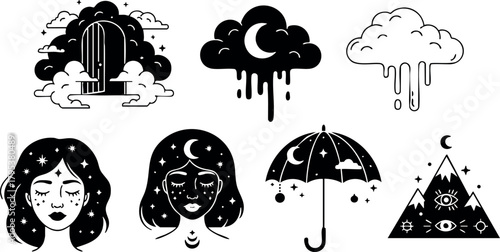 Mystical vector illustrations with clouds, moon, door, umbrella, female faces and pyramid symbols for esoteric or fantasy design purposes